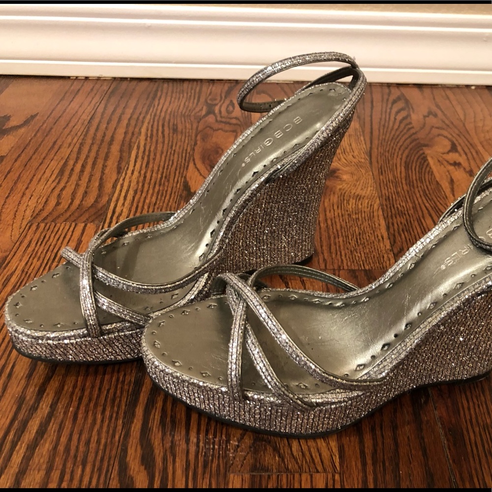 BCBG Silver Sparkle Wedges